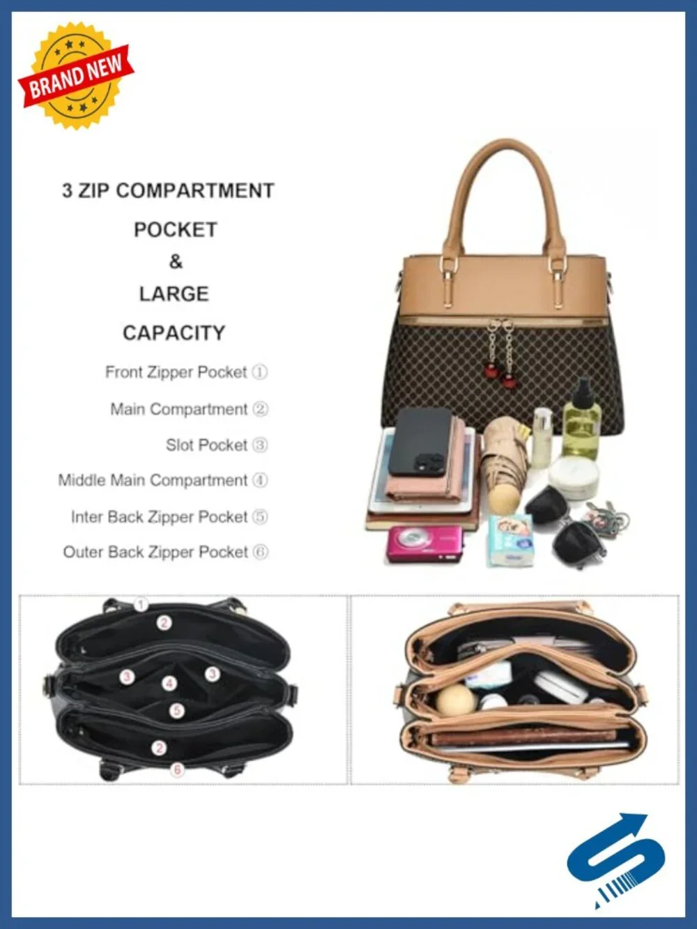 Dual-tone Leather Faux Leather 3-Zip Compartment Tote Bag Crossbody Shoulder